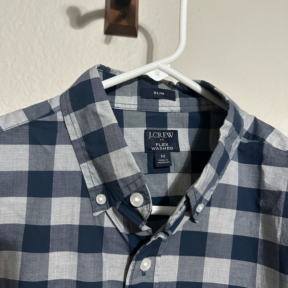 J Crew Slim medium blue checkered button up shirt